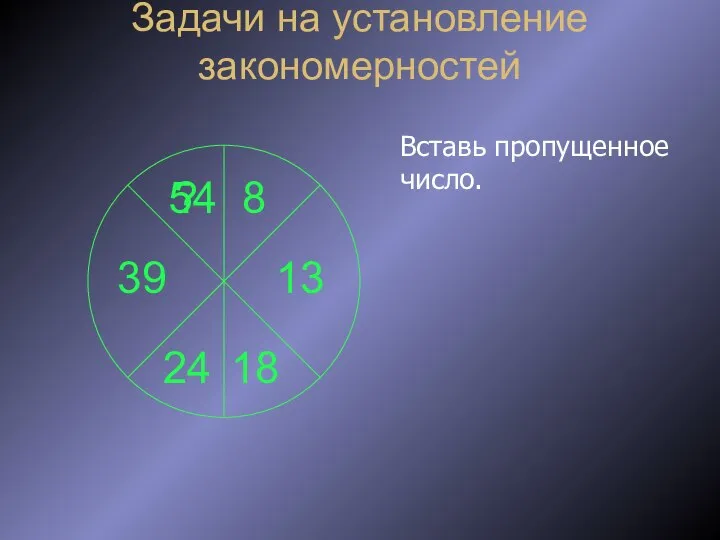 Задачи на установление закономерностей Вставь пропущенное число. 8 13 18 24 39 ? 54