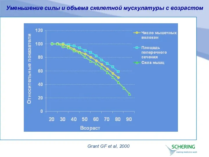 Уменьшение силы и объема скелетной мускулатуры с возрастом Grant GF et al, 2000