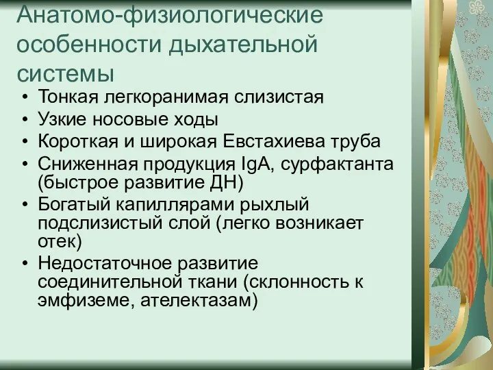 Анатомо-физиологические особенности дыхательной системы Тонкая легкоранимая слизистая Узкие носовые ходы Короткая