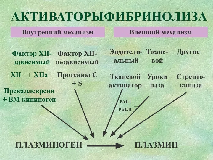 АКТИВАТОРЫФИБРИНОЛИЗА ПЛАЗМИНОГЕН ПЛАЗМИН Фактор XII-зависимый Фактор XII-независимый Внутренний механизм Внешний механизм