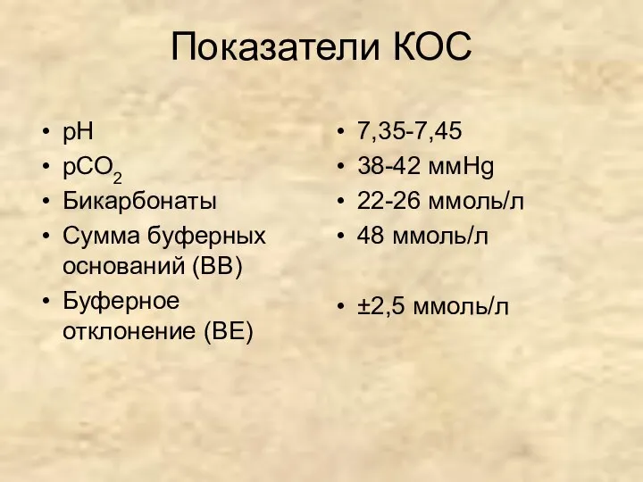 Показатели КОС рН рСО2 Бикарбонаты Сумма буферных оснований (ВВ) Буферное отклонение