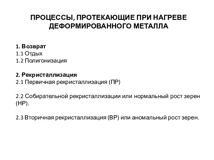 1. Возврат 1.1 Отдых 1.2 Полигонизация 2. Рекристаллизация 2.1 Первичная рекристаллизация