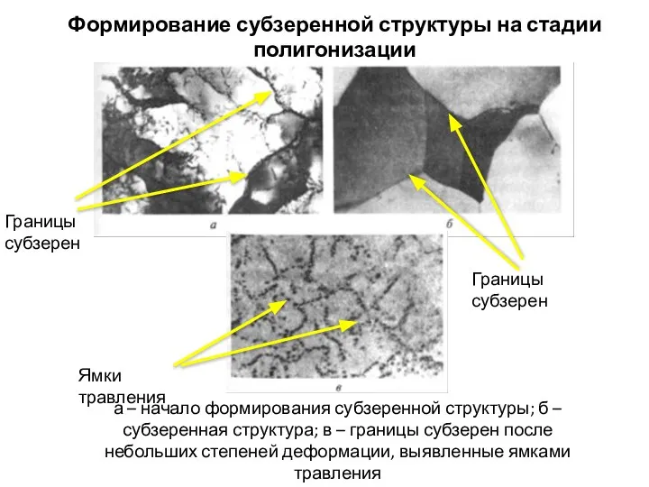 а –­ начало формирования субзеренной структуры; б – субзеренная структура; в