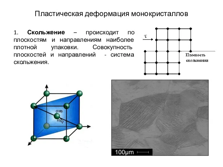 Пластическая деформация монокристаллов 1. Скольжение – происходит по плоскостям и направлениям