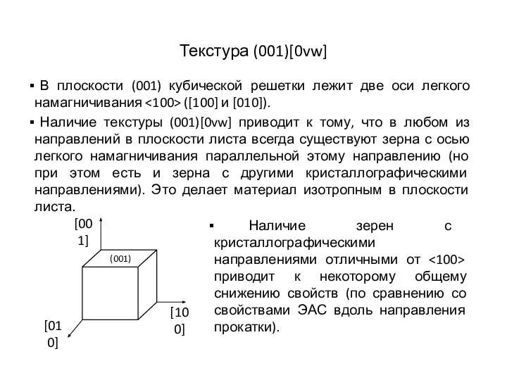 Текстура (001)[0vw] В плоскости (001) кубической решетки лежит две оси легкого