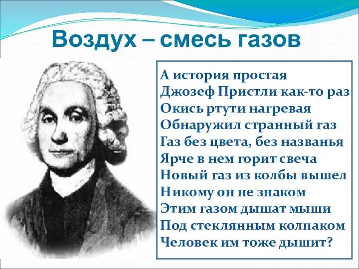 Воздух – смесь газов А история простая Джозеф Пристли как-то раз