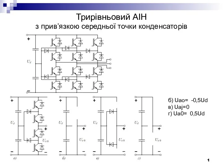 Трирівньовий АІН з прив’язкою середньої точки конденсаторів б) Uaо= -0,5Ud в) Uaj=0 г) Ua0= 0,5Ud 1