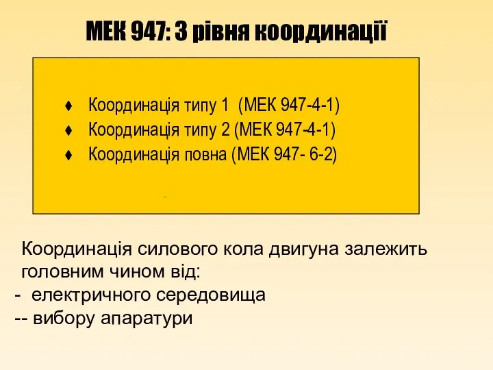 МЕК 947: 3 рівня координації Координація типу 1 (МЕК 947-4-1) Координація