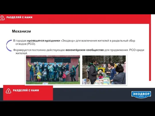 Механизм В городах проводятся праздники «Экодвор» для вовлечения жителей в раздельный