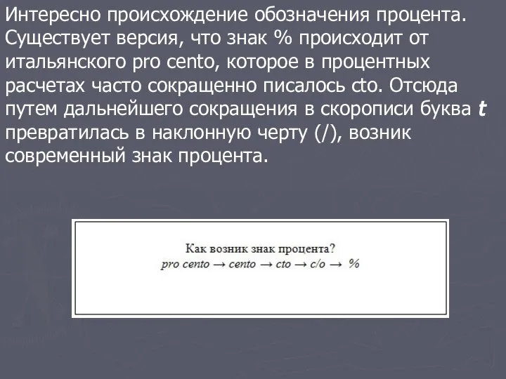 Интересно происхождение обозначения процента. Существует версия, что знак % происходит от