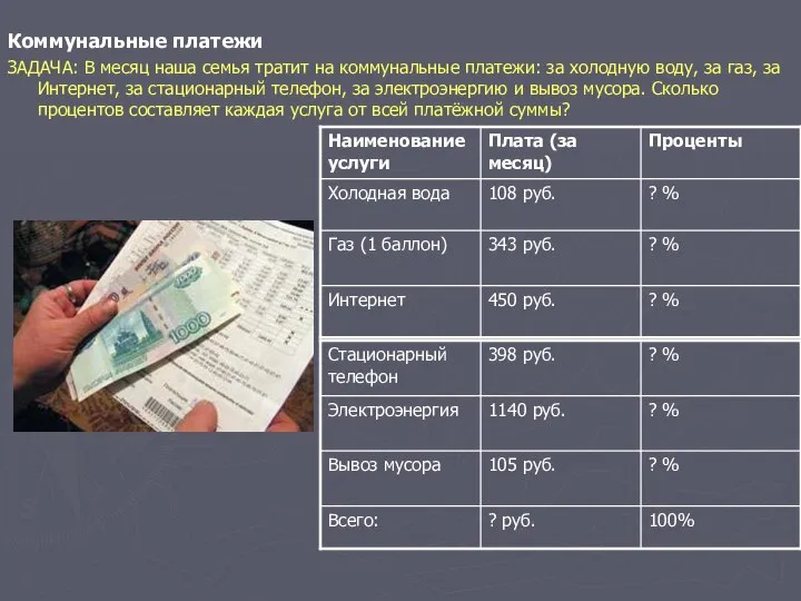Коммунальные платежи ЗАДАЧА: В месяц наша семья тратит на коммунальные платежи: