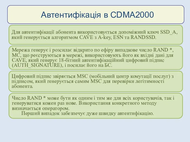 Для автентифікації абонента використовується допоміжний ключ SSD_A, який генерується алгоритмом CAVE