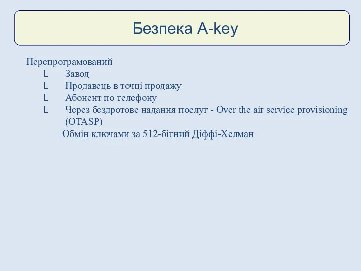 Безпека A-key Перепрограмований Завод Продавець в точці продажу Абонент по телефону