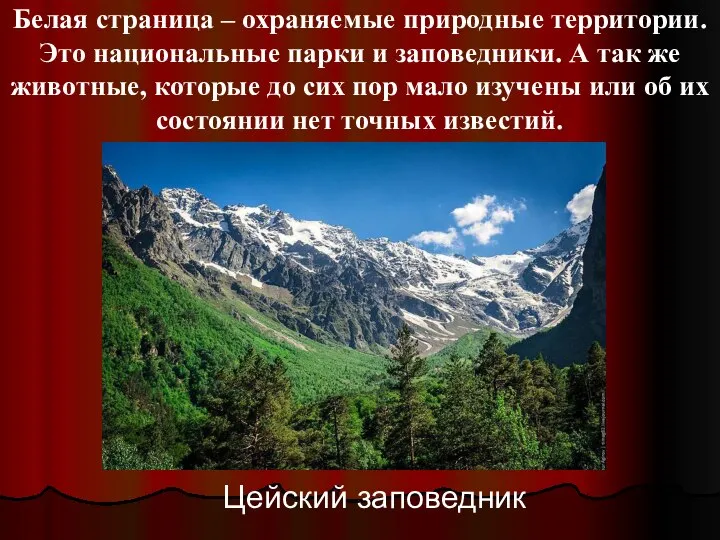 Белая страница – охраняемые природные территории. Это национальные парки и заповедники.