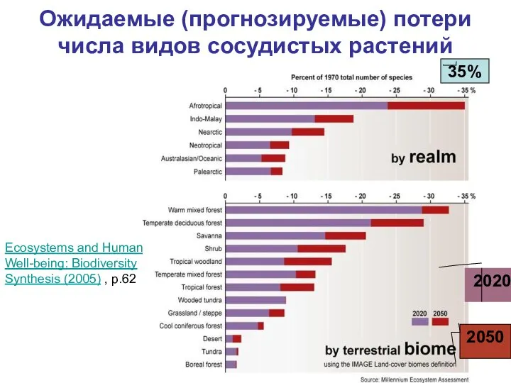 Ожидаемые (прогнозируемые) потери числа видов сосудистых растений Ecosystems and Human Well-being: