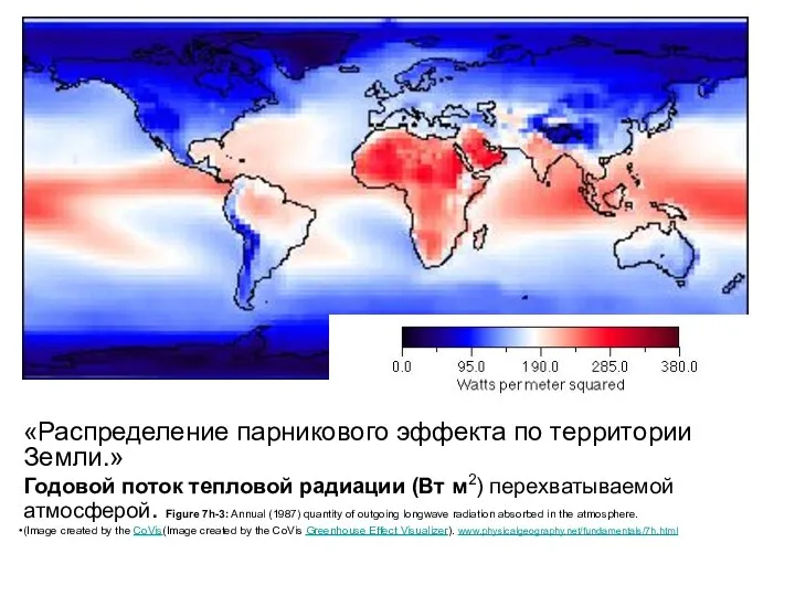«Распределение парникового эффекта по территории Земли.» Годовой поток тепловой радиации (Вт