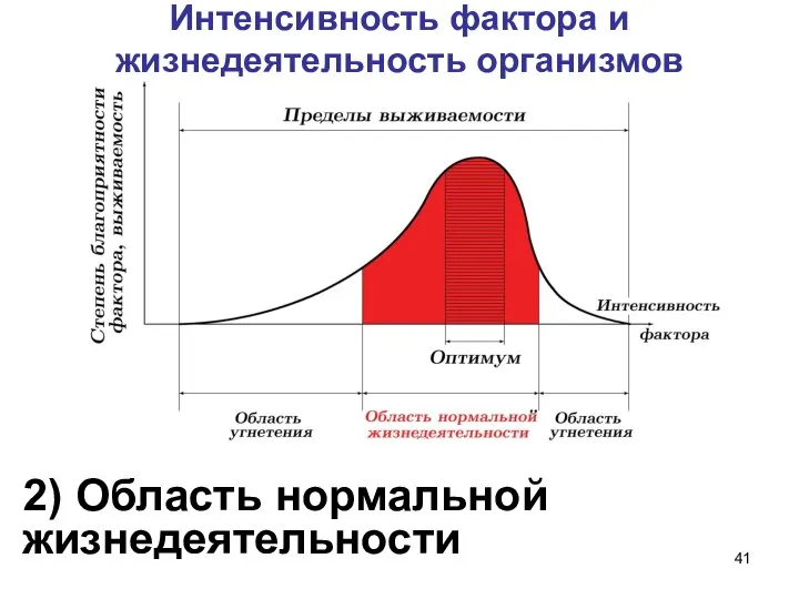 Интенсивность фактора и жизнедеятельность организмов 2) Область нормальной жизнедеятельности