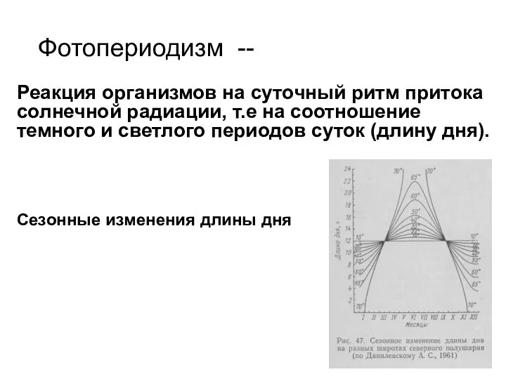 Фотопериодизм -- Реакция организмов на суточный ритм притока солнечной радиации, т.е