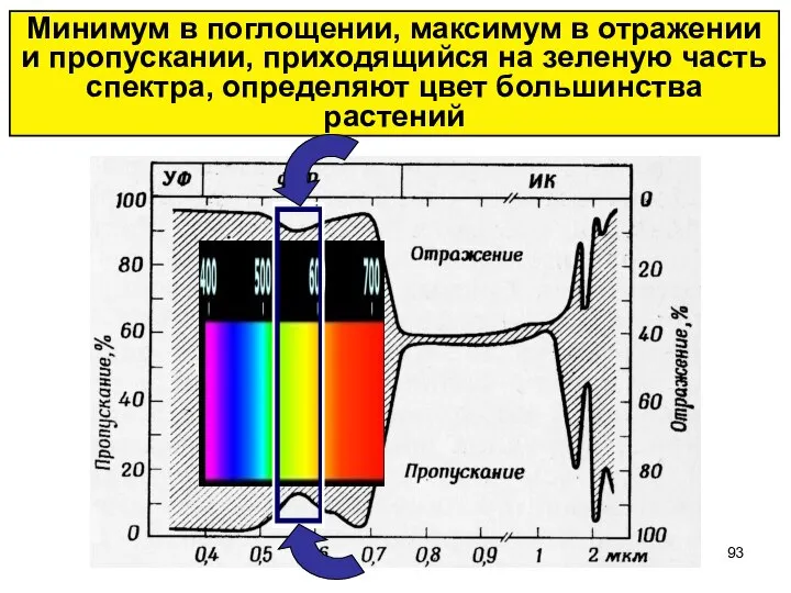 Минимум в поглощении, максимум в отражении и пропускании, приходящийся на зеленую