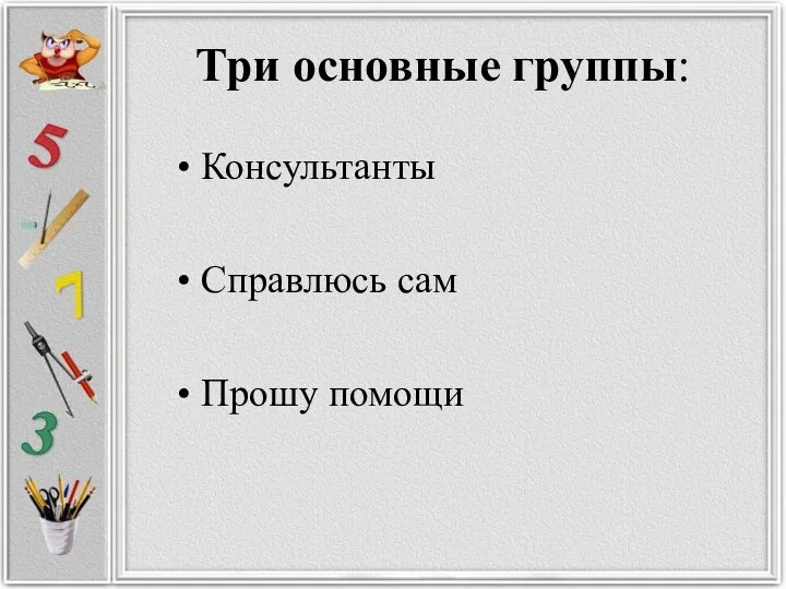 Три основные группы: Консультанты Справлюсь сам Прошу помощи