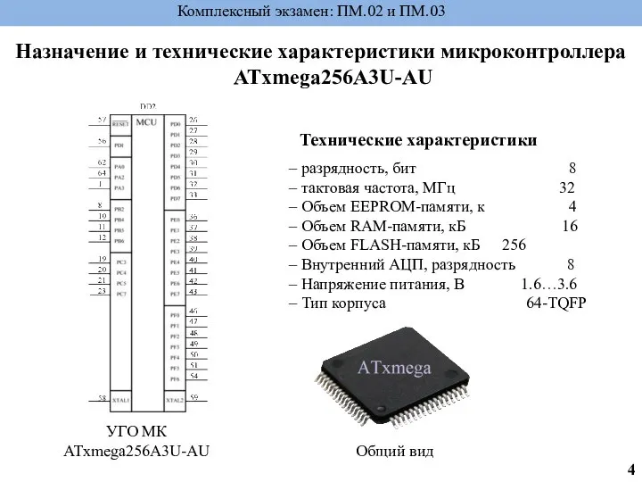 Назначение и технические характеристики микроконтроллера ATxmega256A3U-AU Технические характеристики Комплексный экзамен: ПМ.02