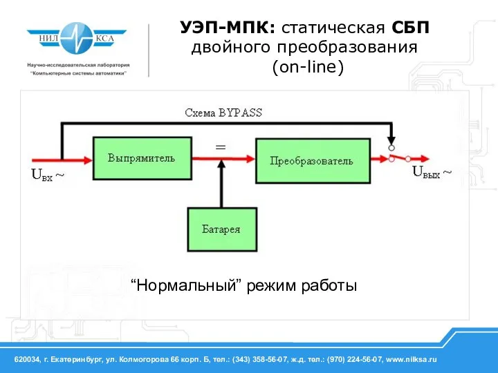 УЭП-МПК: статическая СБП двойного преобразования (on-line) “Нормальный” режим работы