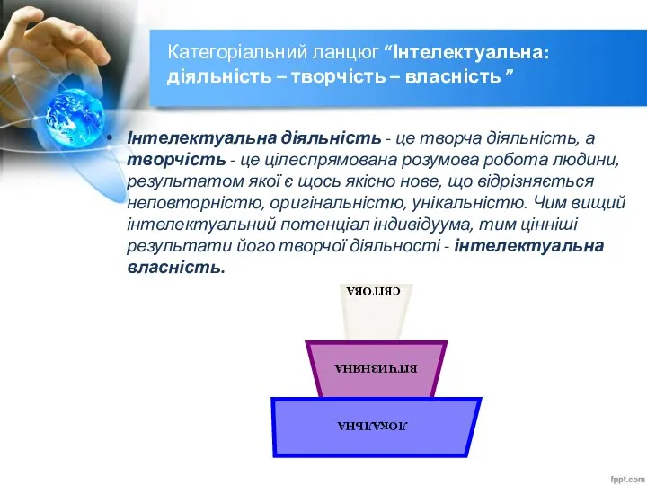 Категоріальний ланцюг “Інтелектуальна: діяльність – творчість – власність ” Інтелектуальна діяльність