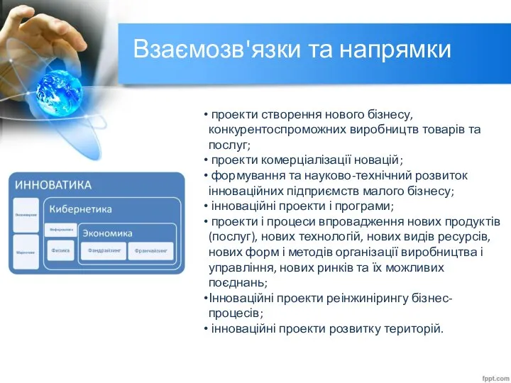 Взаємозв'язки та напрямки проекти створення нового бізнесу, конкурентоспроможних виробництв товарів та