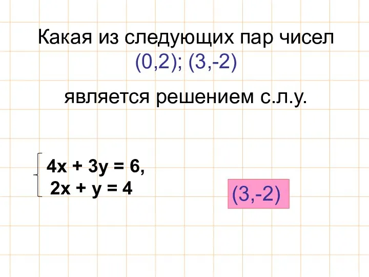 Какая из следующих пар чисел (0,2); (3,-2) является решением с.л.у. 4х