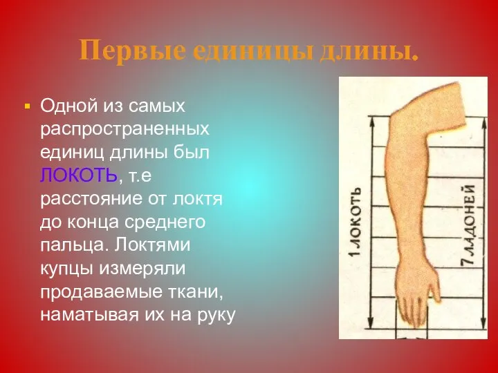 Первые единицы длины. Одной из самых распространенных единиц длины был ЛОКОТЬ,