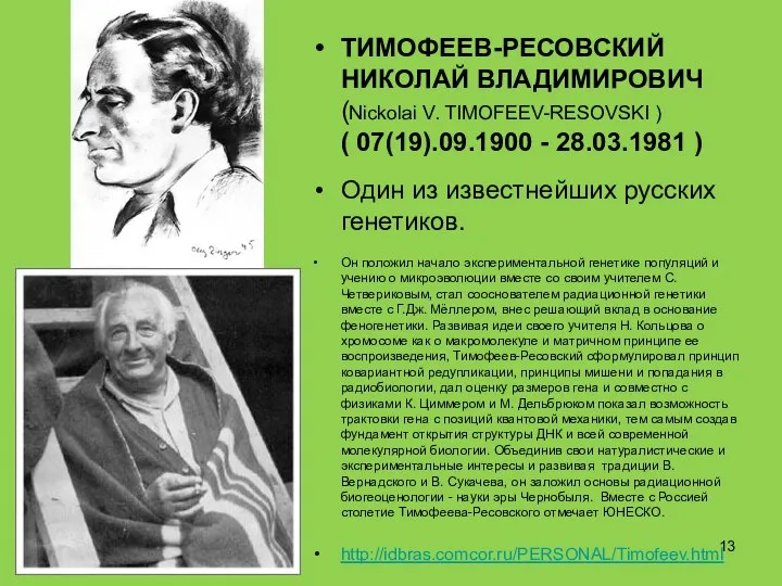 ТИМОФЕЕВ-РЕСОВСКИЙ НИКОЛАЙ ВЛАДИМИРОВИЧ (Nickolai V. TIMOFEEV-RESOVSKI ) ( 07(19).09.1900 - 28.03.1981