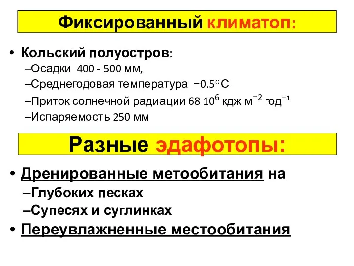 Фиксированный климатоп: Кольский полуостров: Осадки 400 - 500 мм, Среднегодовая температура