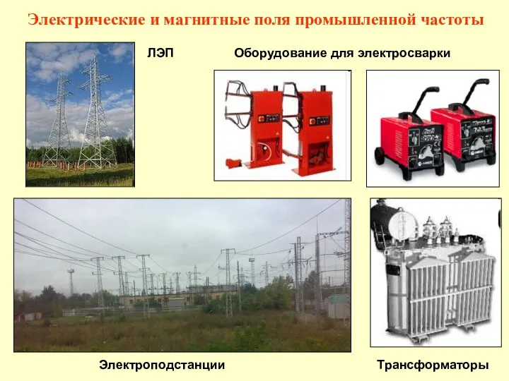 Электрические и магнитные поля промышленной частоты ЛЭП Оборудование для электросварки Электроподстанции Трансформаторы