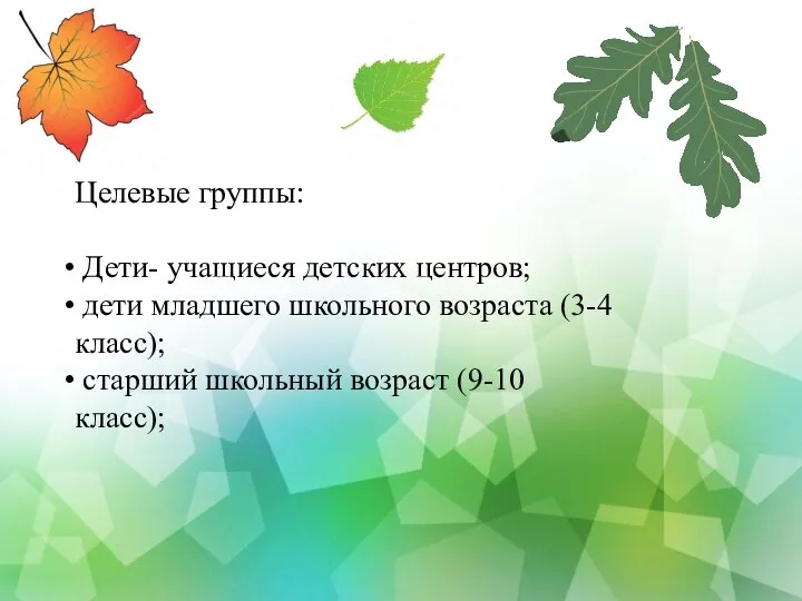 Целевые группы: Дети- учащиеся детских центров; дети младшего школьного возраста (3-4