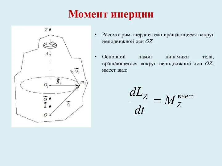 Момент инерции Рассмотрим твердое тело вращающееся вокруг неподвижной оси OZ. Основной