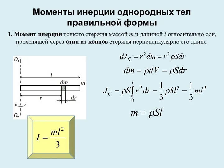 Моменты инерции однородных тел правильной формы 1. Момент инерции тонкого стержня