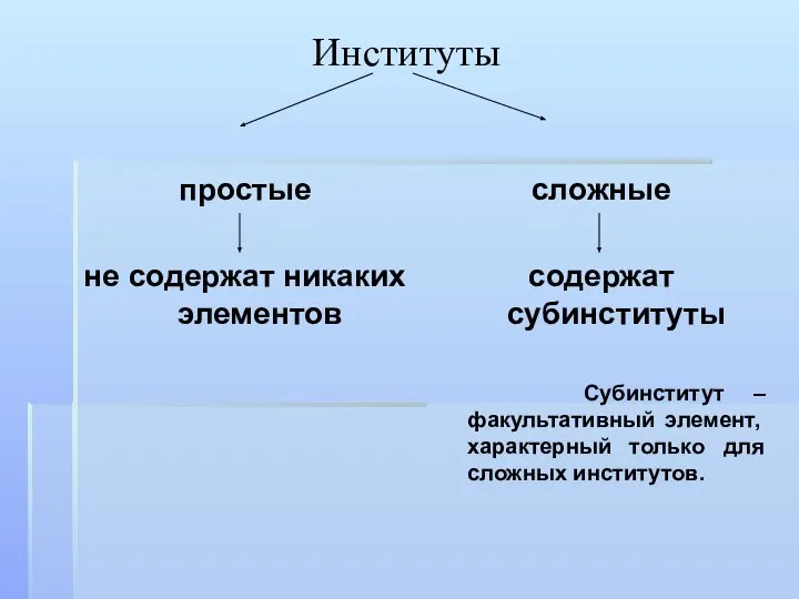 Институты простые не содержат никаких элементов сложные содержат субинституты Субинститут –