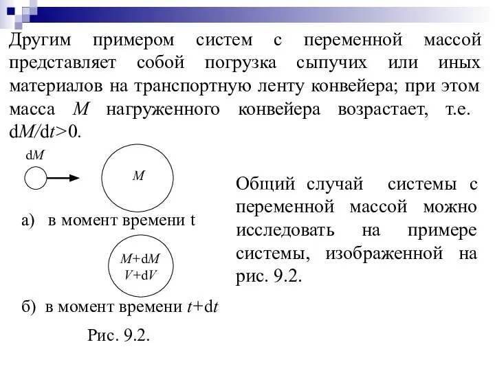 М Общий случай системы с переменной массой можно исследовать на примере cистемы, изображенной на рис. 9.2.