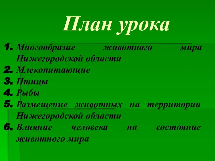 План урока Многообразие животного мира Нижегородской области Млекопитающие Птицы Рыбы Размещение