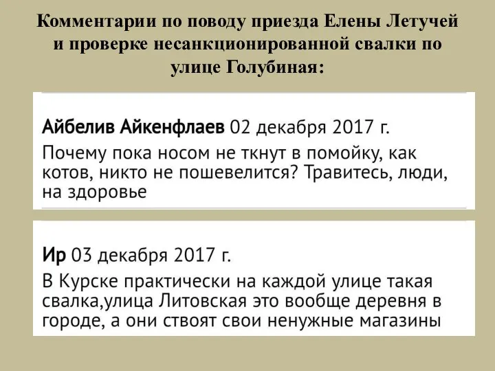 Комментарии по поводу приезда Елены Летучей и проверке несанкционированной свалки по улице Голубиная: