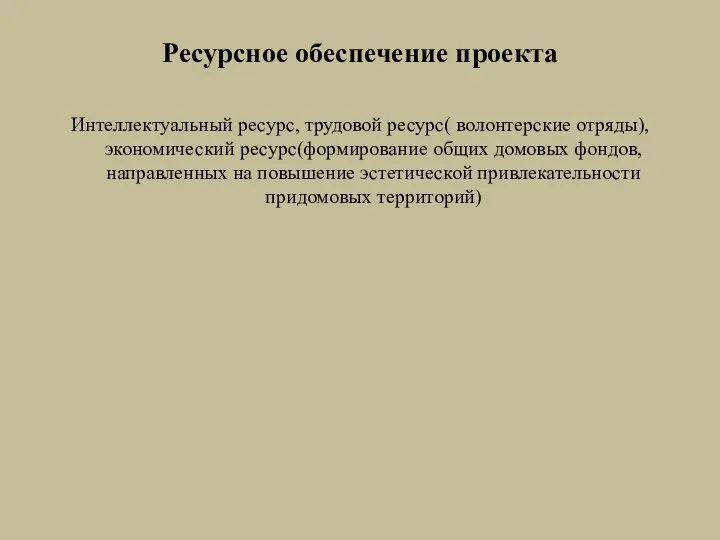 Ресурсное обеспечение проекта Интеллектуальный ресурс, трудовой ресурс( волонтерские отряды), экономический ресурс(формирование