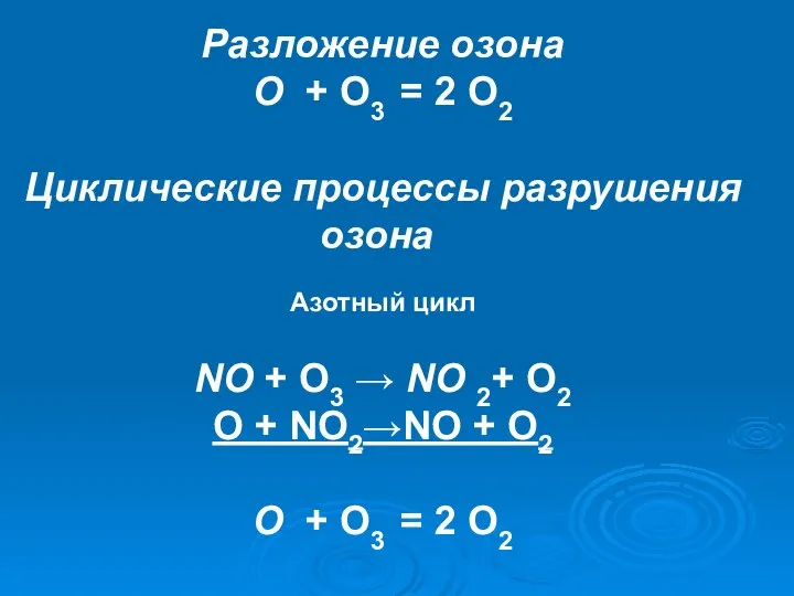 Разложение озона О + O3 = 2 O2 Циклические процессы разрушения