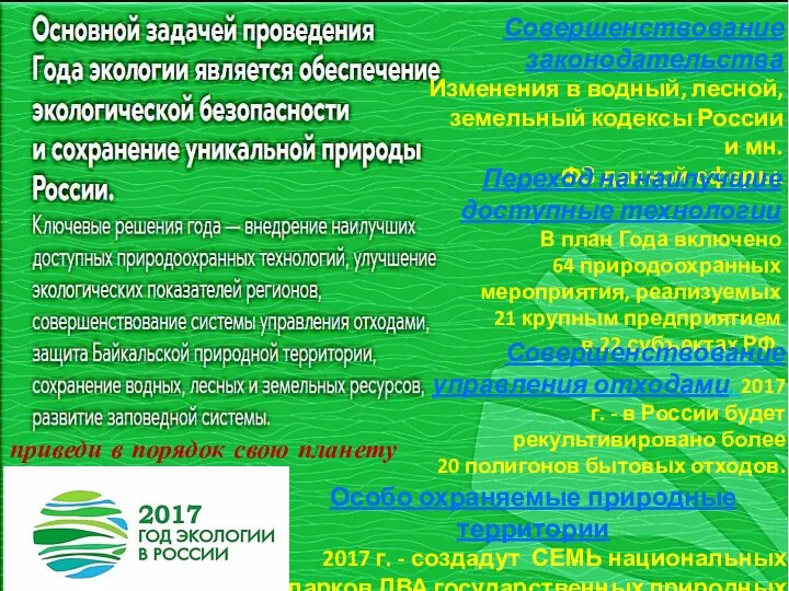 Совершенствование законодательства Изменения в водный, лесной, земельный кодексы России и мн.