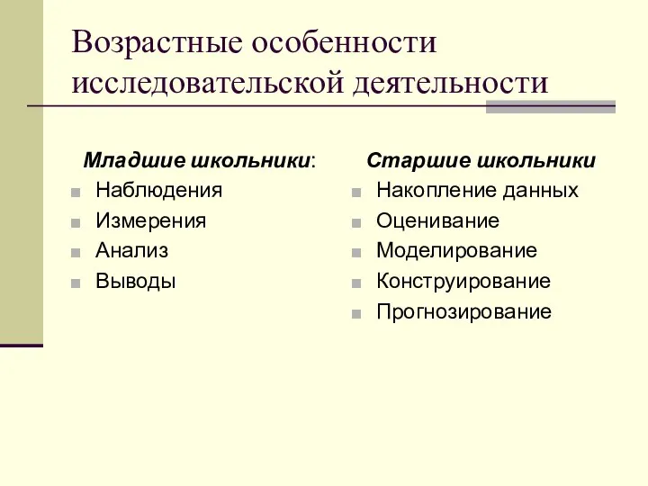 Возрастные особенности исследовательской деятельности Младшие школьники: Наблюдения Измерения Анализ Выводы Старшие