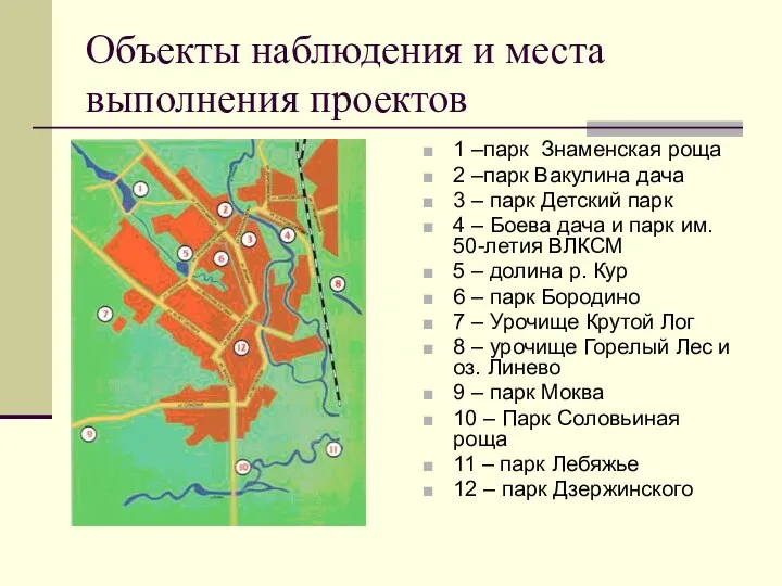 Объекты наблюдения и места выполнения проектов 1 –парк Знаменская роща 2