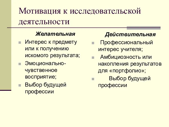 Мотивация к исследовательской деятельности Желательная Интерес к предмету или к получению