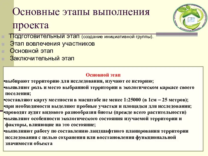 Основные этапы выполнения проекта Подготовительный этап (создание инициативной группы). Этап вовлечения