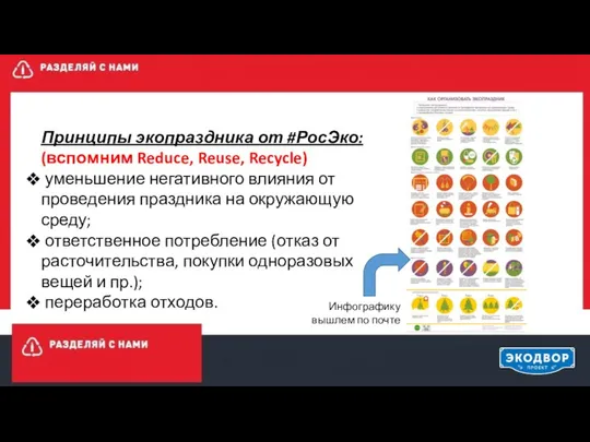 Принципы экопраздника от #РосЭко: (вспомним Reduce, Reuse, Recycle) уменьшение негативного влияния