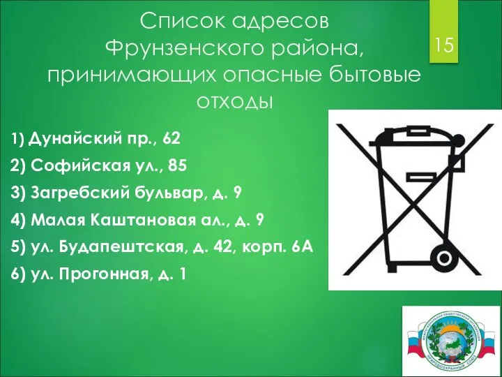 Список адресов Фрунзенского района, принимающих опасные бытовые отходы 1) Дунайский пр.,