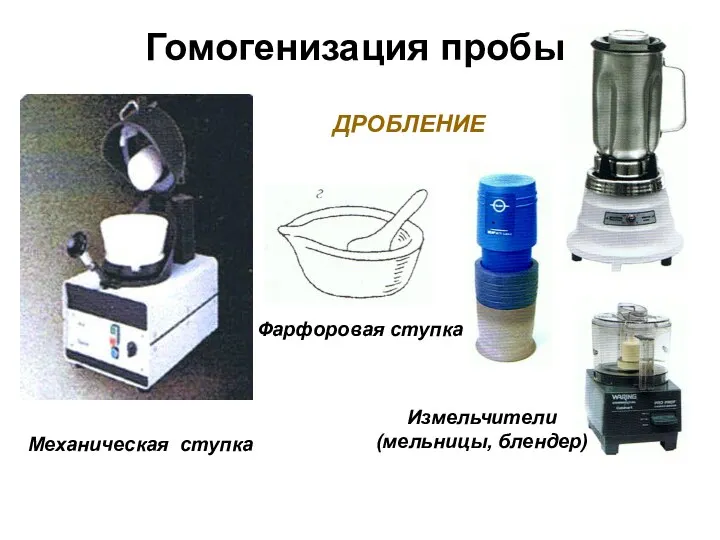 Гомогенизация пробы ДРОБЛЕНИЕ Измельчители (мельницы, блендер)‏ Фарфоровая ступка Механическая ступка